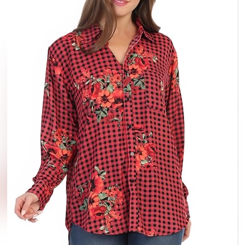 Floral Red Checkered Women's Top